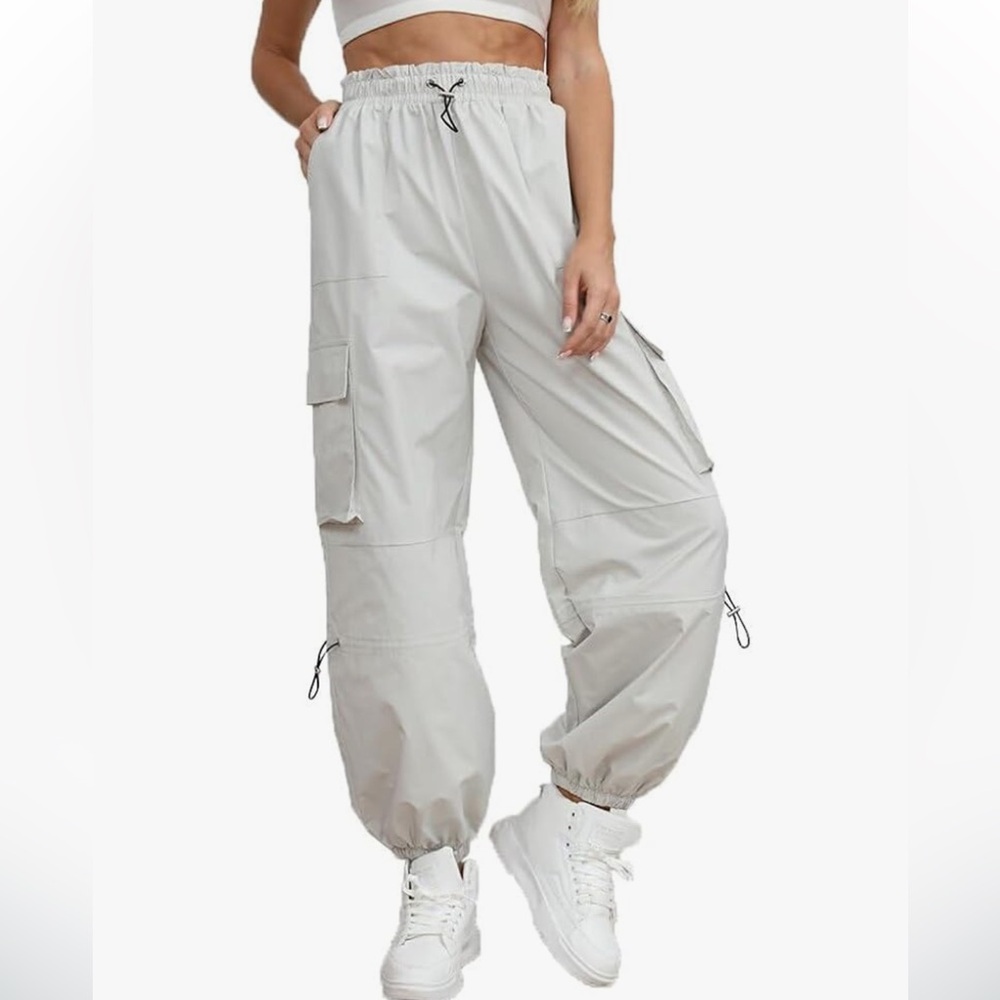 white silver parachute pants